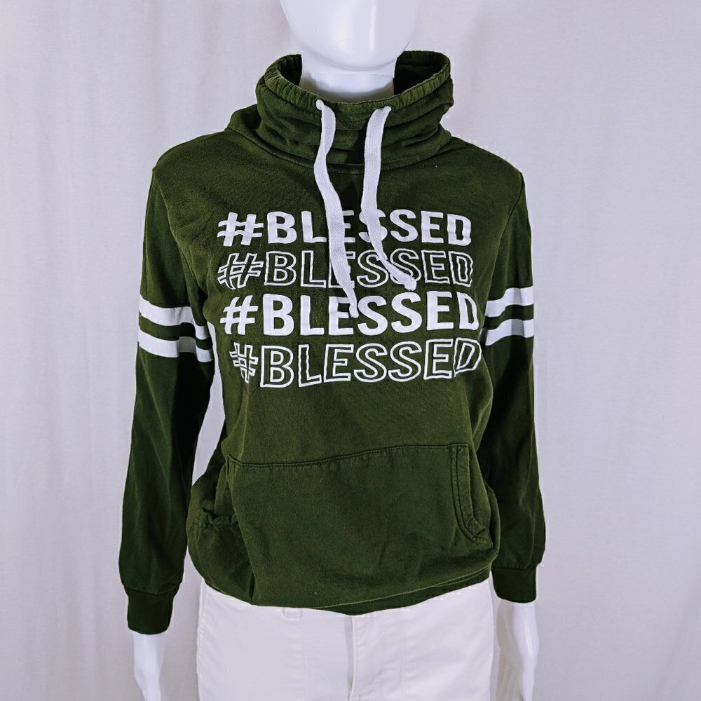 On Fire "#Blessed" Sweatshirt Olive Green with White Stripes Junior's Size Med
